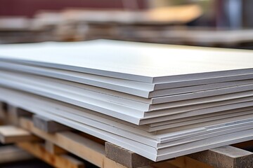 a stack of drywall sheets in a construction site