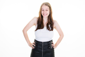 young businesswoman hands on hips on white background happy smiling