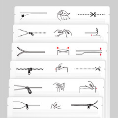 A set of icons for zippers and scissors. Set for package, shows the place of opening. Vector elements. Ready and simple to use for your design.EPS10.