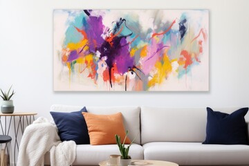 a colorful abstract painting hung on a neutral wall