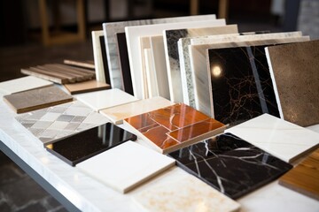 different marble tile samples spread on table