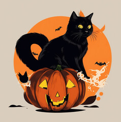 Vintage Halloween Black Cat, vector style, illustrator,