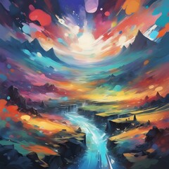 an abstract landscape illustration featuring a cosmic realm.