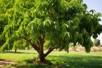 Fototapeta na wymiar a mango tree in the tropics with large green leaves and ripe fruits