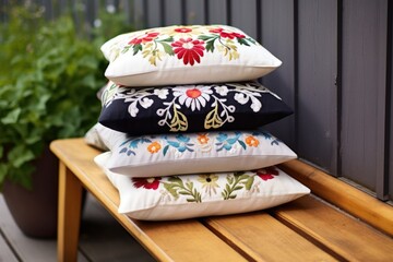 stack of embroidered cushions on wooden bench