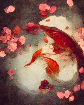 Red koi in the pink pond rose petals scales 35 mm no framed sun drops subtle tones base tone soft red Alphonse Mucha style art nouveau abstract 