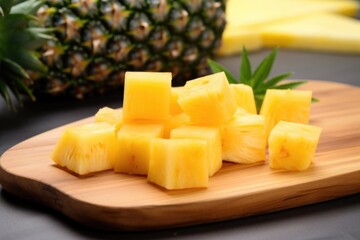 a board with fresh cut pineapple chunks