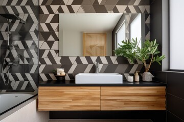contemporary style bathroom with geometric tile pattern