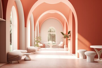 Indoor space with arched structures and terrazzo flooring in coral hue. Illustration preview. Generative AI