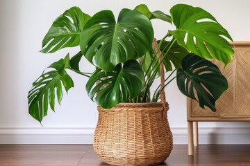 Fototapeta premium a large leafy monstera plant in a woven basket
