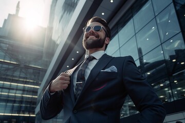 Fototapeta na wymiar mid adult successful and confident businessman; rich man smiling wearing luxury clothing suit; low angle view of a wealthy man of business; concept of power and leadership