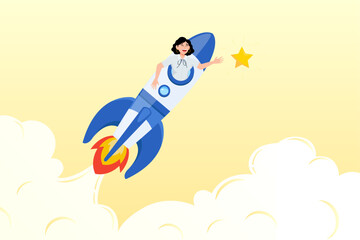 Businesswoman riding fast rocket to catch golden star, innovation to help or support work success, entrepreneurship or winning business challenge, work opportunity or business accomplishment (Vector)