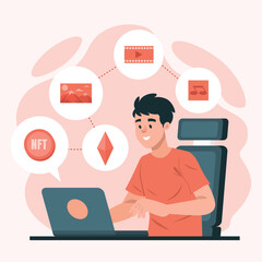 character illustration of person playing NFT management