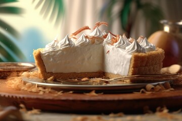 Coconut cream tart or coconut cream pie for selling premium dessert food on colour elegant coconut leaf blurred background. Generative Ai - obrazy, fototapety, plakaty