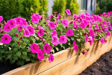 wooden raised flower bed filled with pink petunias