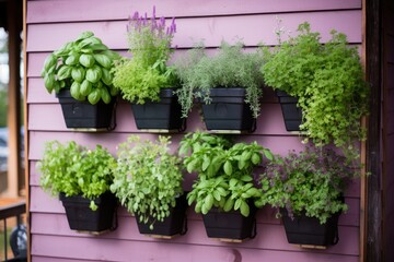 variety of herbs in wall hanging vertical planters