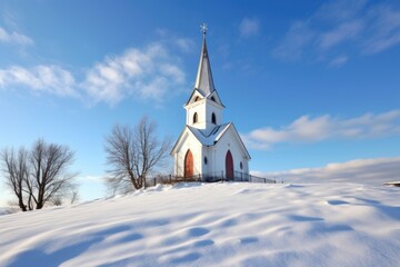 Fototapeta na wymiar a snow-topped chapel under a clear winter sky