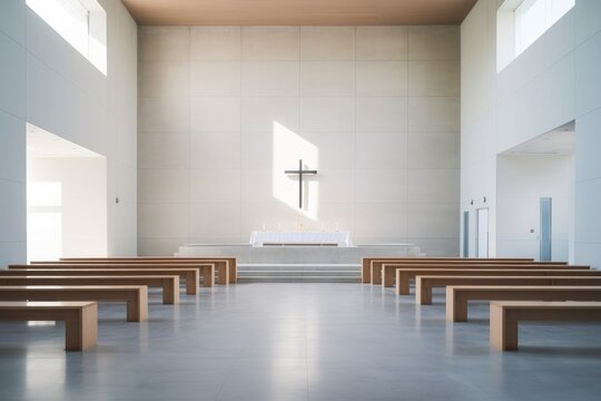 a modern minimalist church interior with unadorned benches