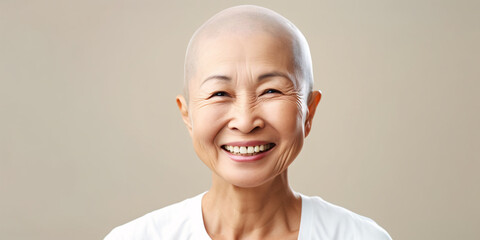 A bald senior Asian woman with a shaved head and no hair smile, wearing white top in light beige background 