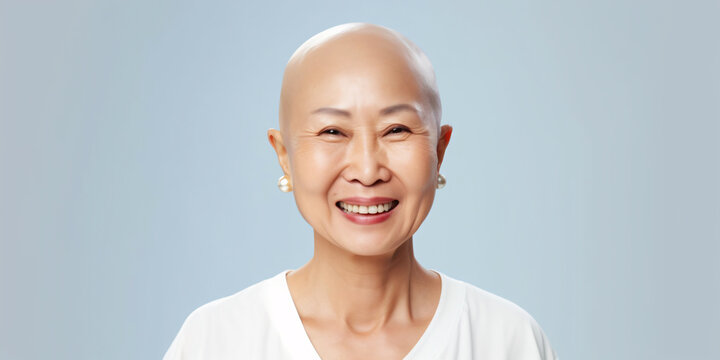A bald senior Asian woman with a shaved head and no hair smile, wearing white top in light blue background 