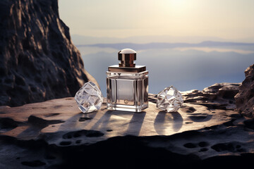 Perfume bottle or whiskey bottle in elegant style on the background of rocks - obrazy, fototapety, plakaty