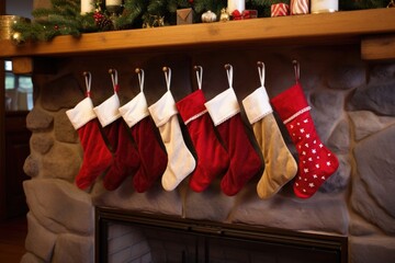 plush felt stockings hung on a wooden mantle