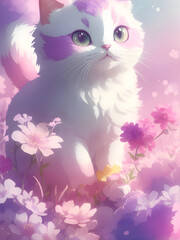 Cute white cat with pastel flowers,ai generative