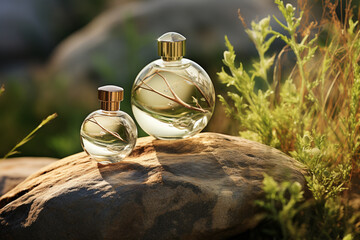 Perfume bottle or whiskey bottle in elegant style on the background of rocks