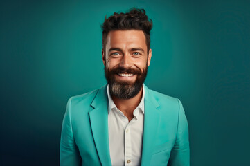 Fototapeta premium Picture of happy handsome young male in blue suit