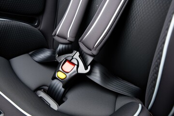 the close-up view of a toddler car seats 5-point harness buckle
