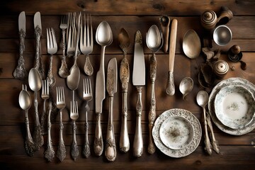 A collection of vintage silverware arranged artfully on a rustic farmhouse table.