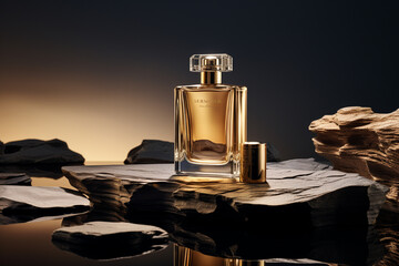 Perfume bottle or whiskey bottle in elegant style on the background of rocks