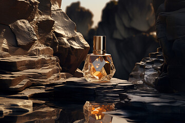 Perfume bottle or whiskey bottle in elegant style on the background of rocks - obrazy, fototapety, plakaty