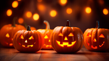 Close-up view of two classic Jack-o'-lanterns illuminated from inside, backdrop of numerous pumpkins and sparkle, concept of Halloween