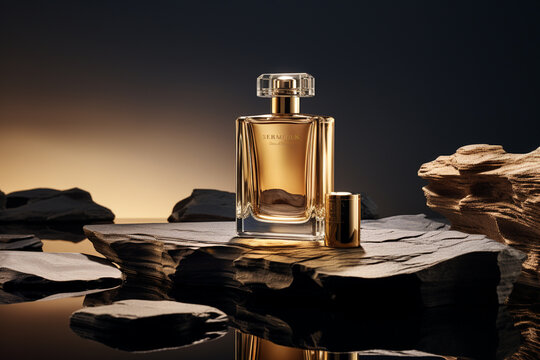 Perfume bottle or whiskey bottle in elegant style on the background of rocks
