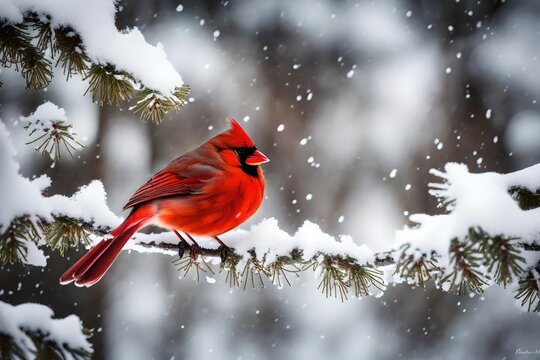 A solitary red cardinal perched on a snow-covered branch after a snowfall.