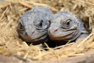 Obraz premium twin iguana hatchlings basking together