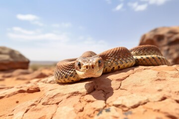 a snake sliding over a rock in a desert