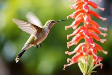 a hummingbird gathering nectar from a flower - obrazy, fototapety, plakaty