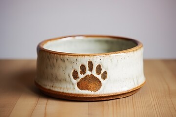 ceramic pet bowl with a paw print, untouched and solitary