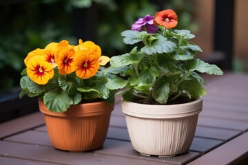 two potted flowers of the same type, one larger than the other