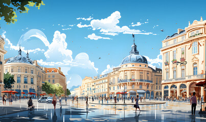 Landscape of Montpellier, France in illustration style, cannes city, presentation pictures, Illustration, Generative AI
