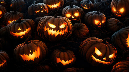 Pumpkins for Halloween, turned into Jack-o'-lanterns displaying various toothy grins, their faces illuminated by candlelight on spooky night