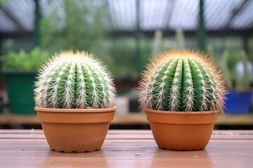 closeup of two similar cacti standing side by side