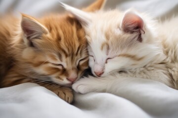 two kittens curled up, sleeping together