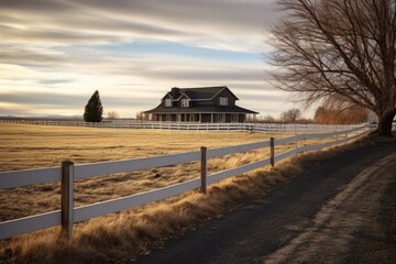 a fence circling a secluded home in a rural setting