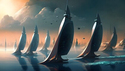 Futuristic sailing fleet racing at the Olympics in the distant future  - obrazy, fototapety, plakaty