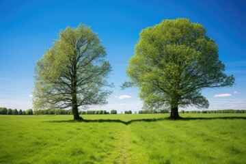Fototapeta na wymiar two intertwined trees standing tall in a sunny meadow