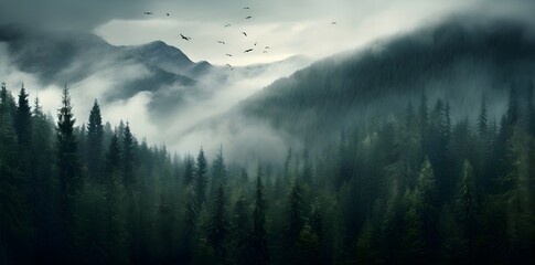 Misty landscape with fir forest in vintage retro style. Generative AI  - obrazy, fototapety, plakaty