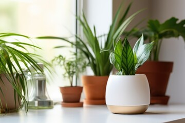 a smart thermostat against a backdrop of houseplants